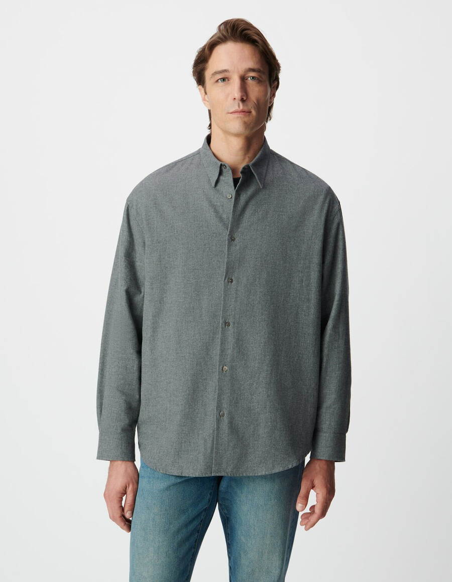 camisa holgada de franela de algodón gris para hombre