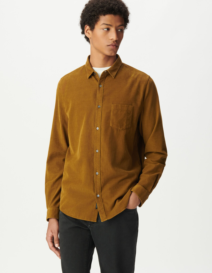 camisa regular de algodón orgánico amarilla de pana de aguja para hombre