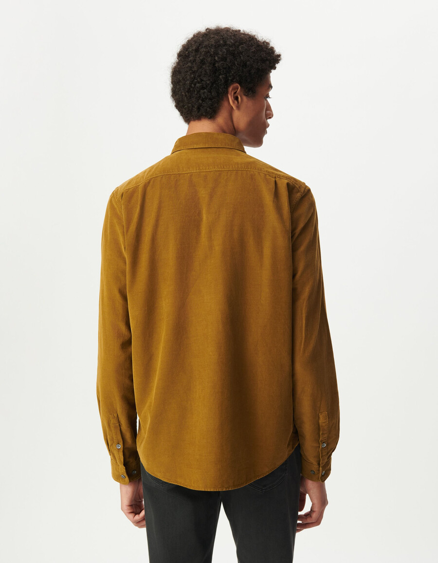 camisa regular de algodón orgánico amarilla de pana de aguja para hombre