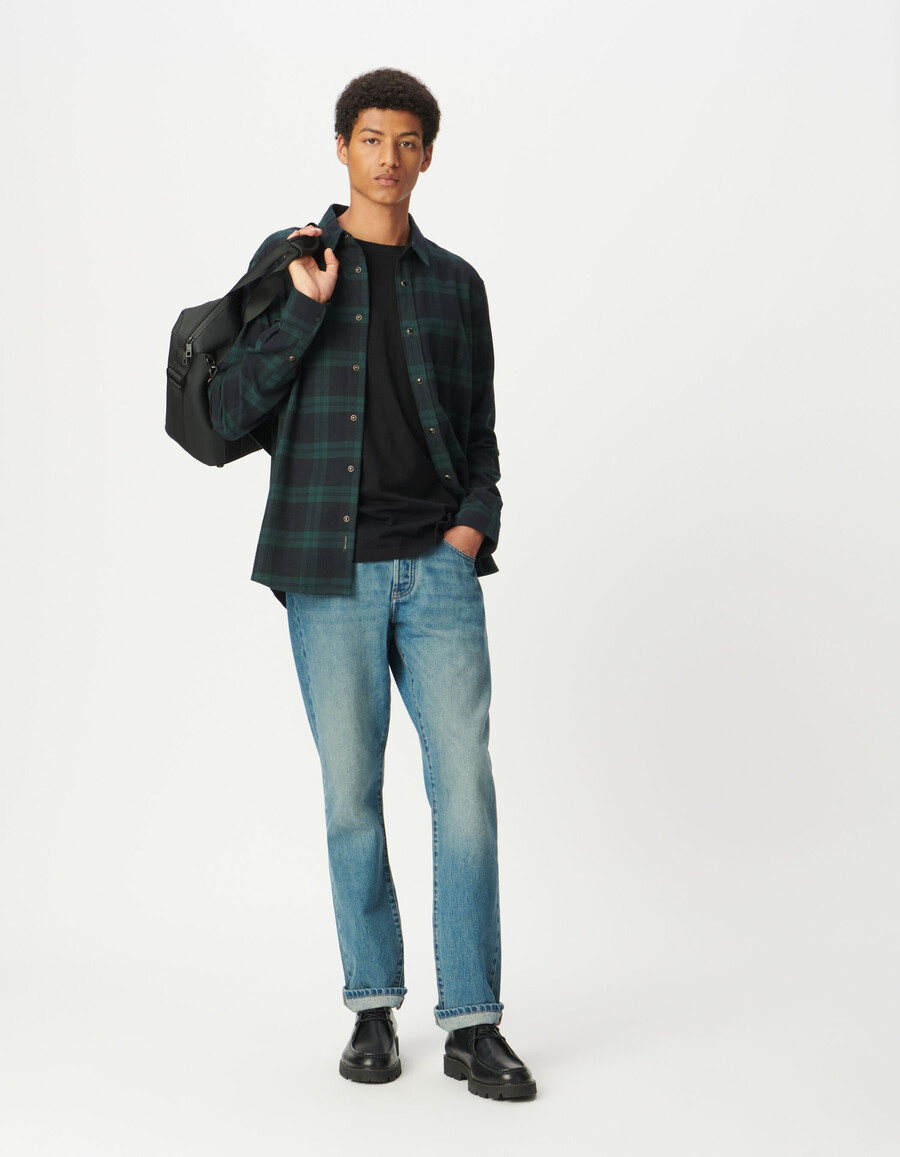 camisa de cuadros azul marino y verde para hombre con botones a presión