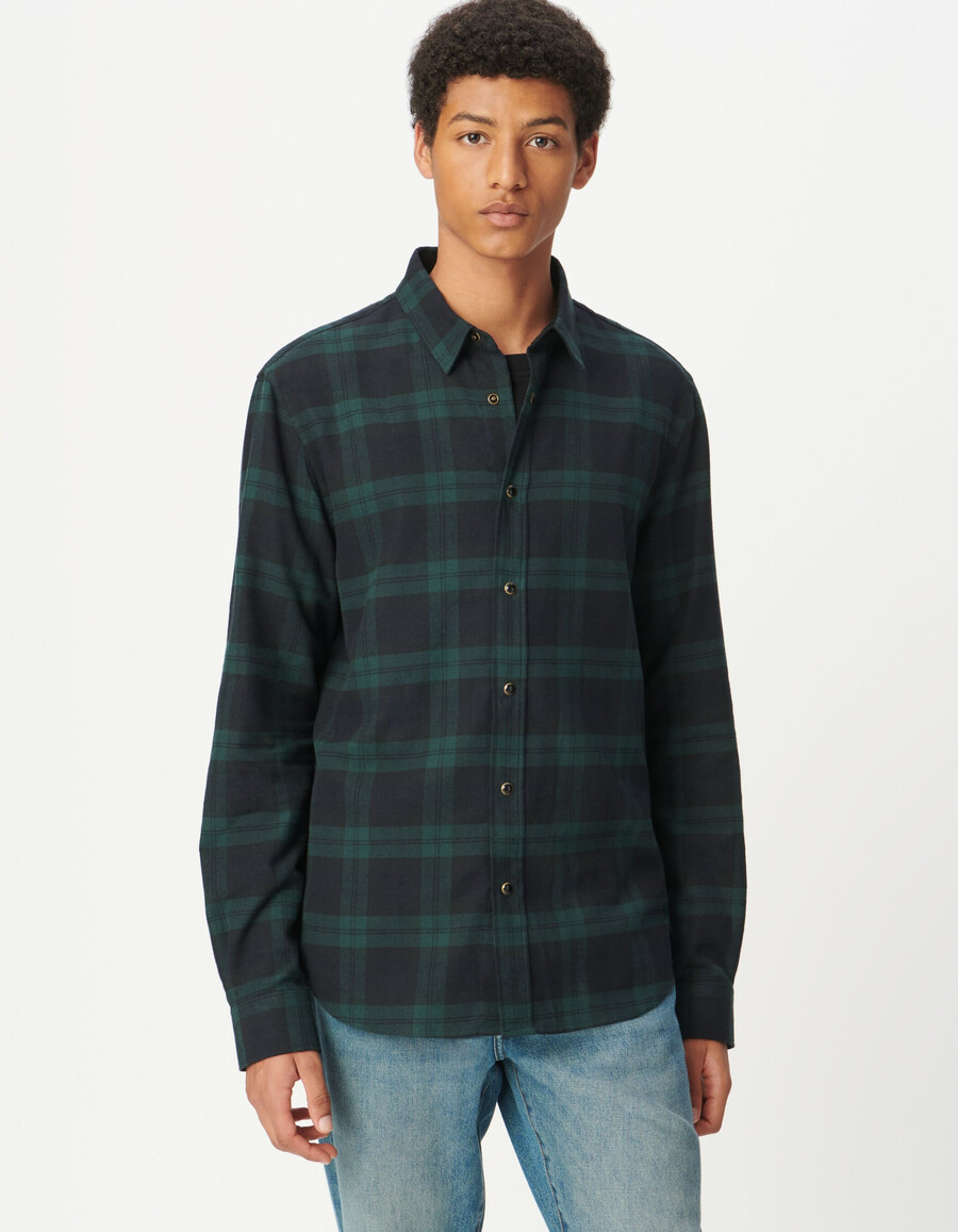 camisa de cuadros azul marino y verde para hombre con botones a presión
