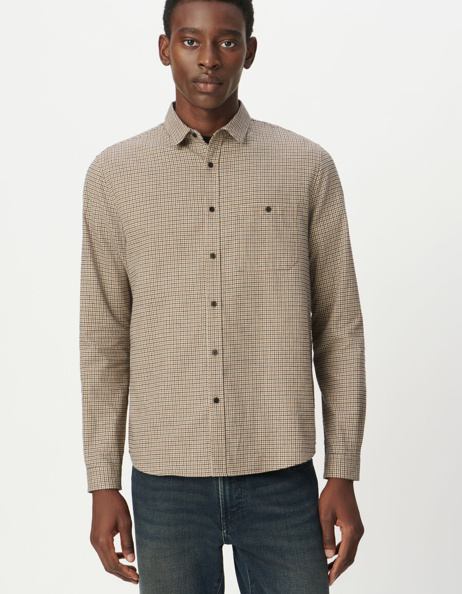 camisa de cuadros regular de algodón orgánico beige para hombre