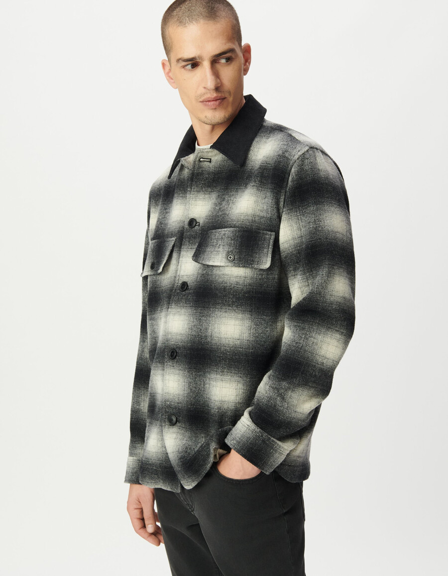 camisa de cuadros grises con cuello de terciopelo para hombre