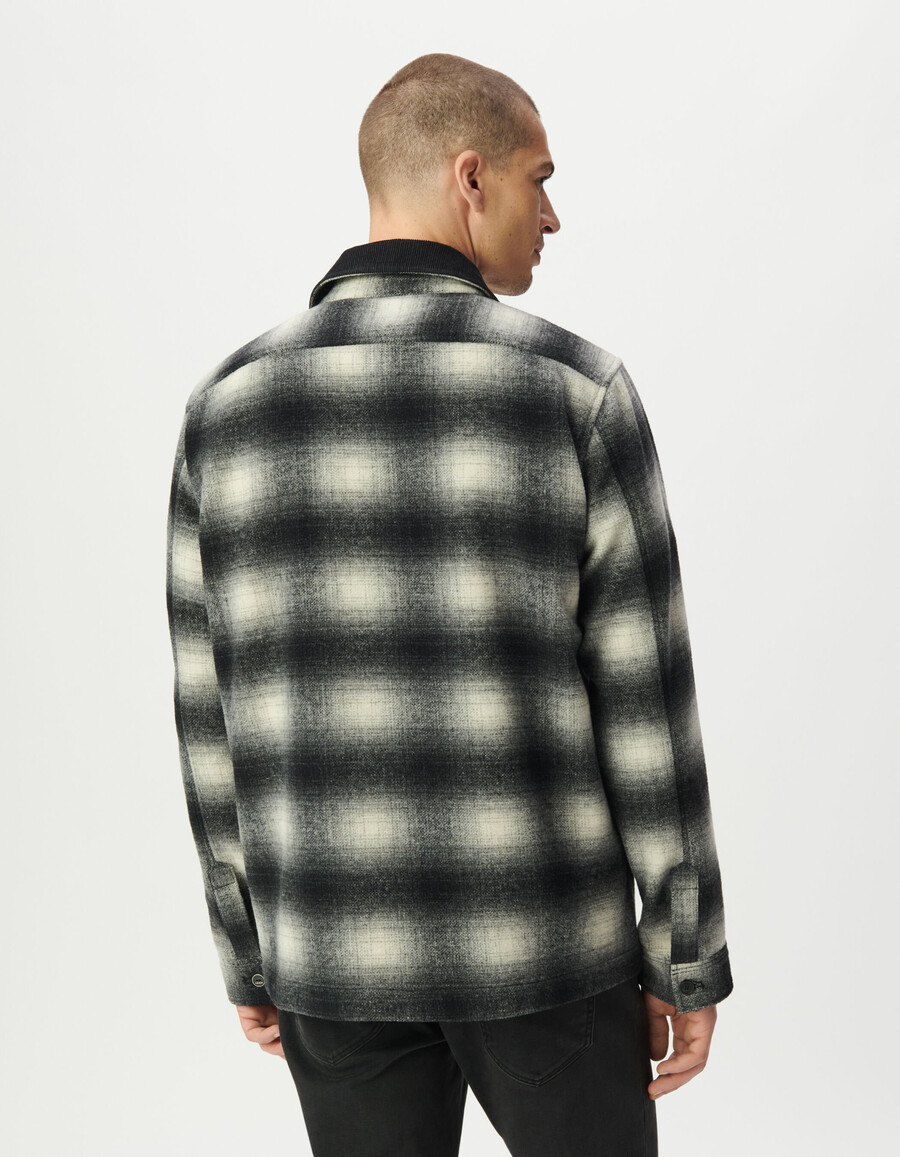 camisa de cuadros grises con cuello de terciopelo para hombre