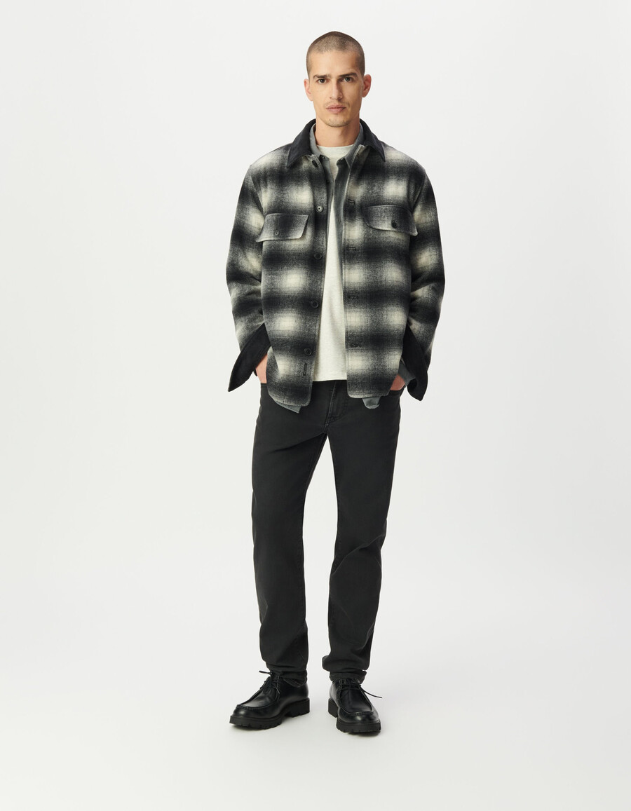 camisa de cuadros grises con cuello de terciopelo para hombre