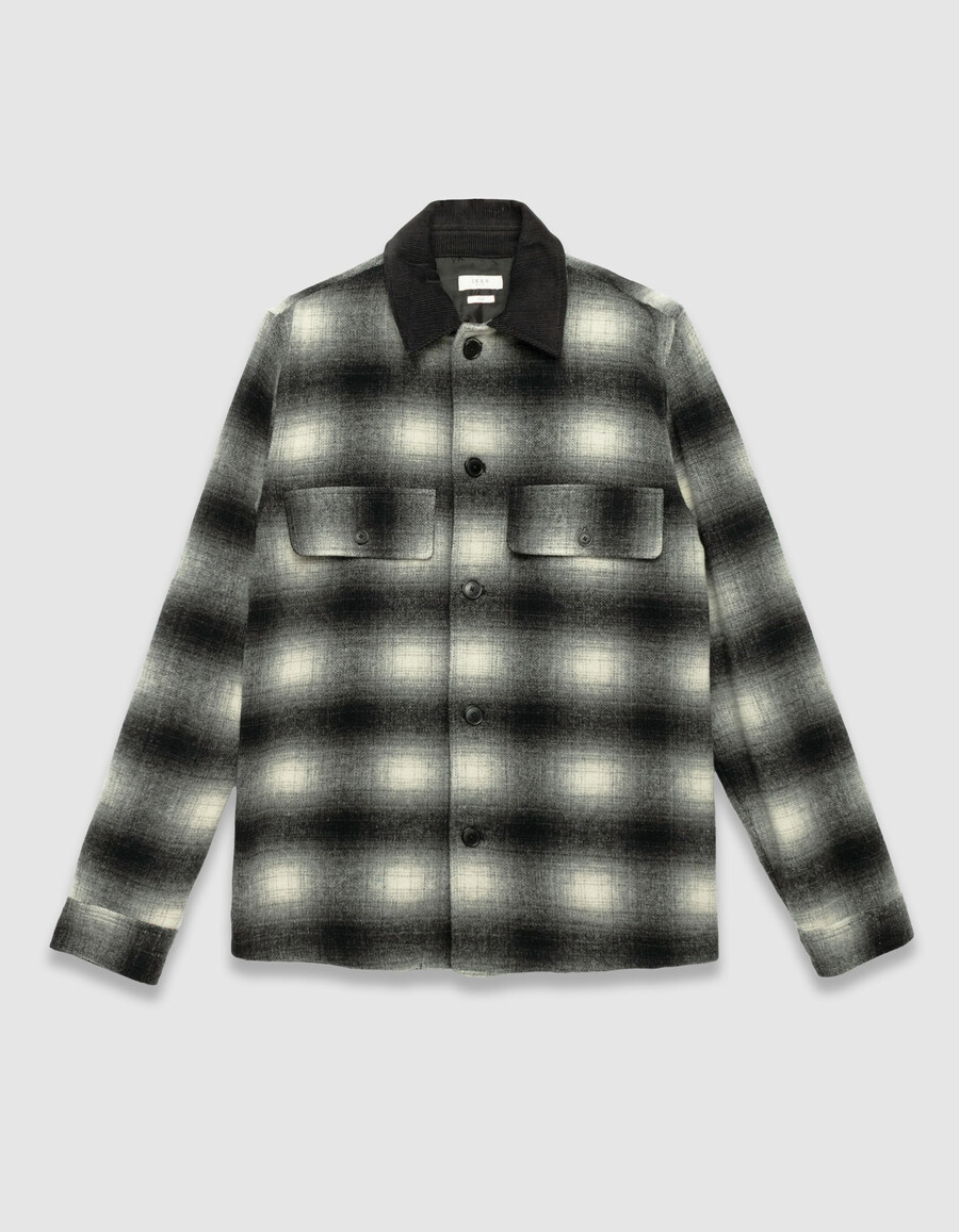camisa de cuadros grises con cuello de terciopelo para hombre