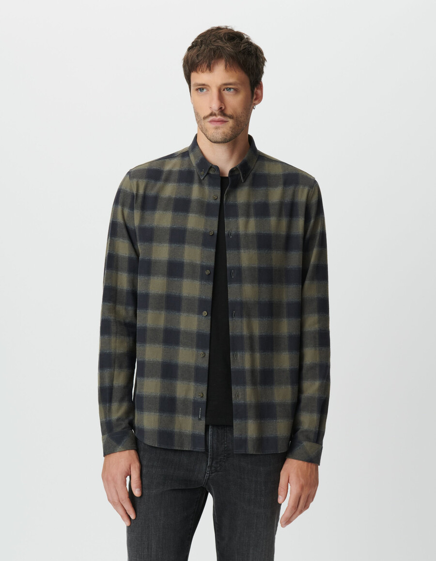 camisa ajustada a cuadros caqui y negra para hombre