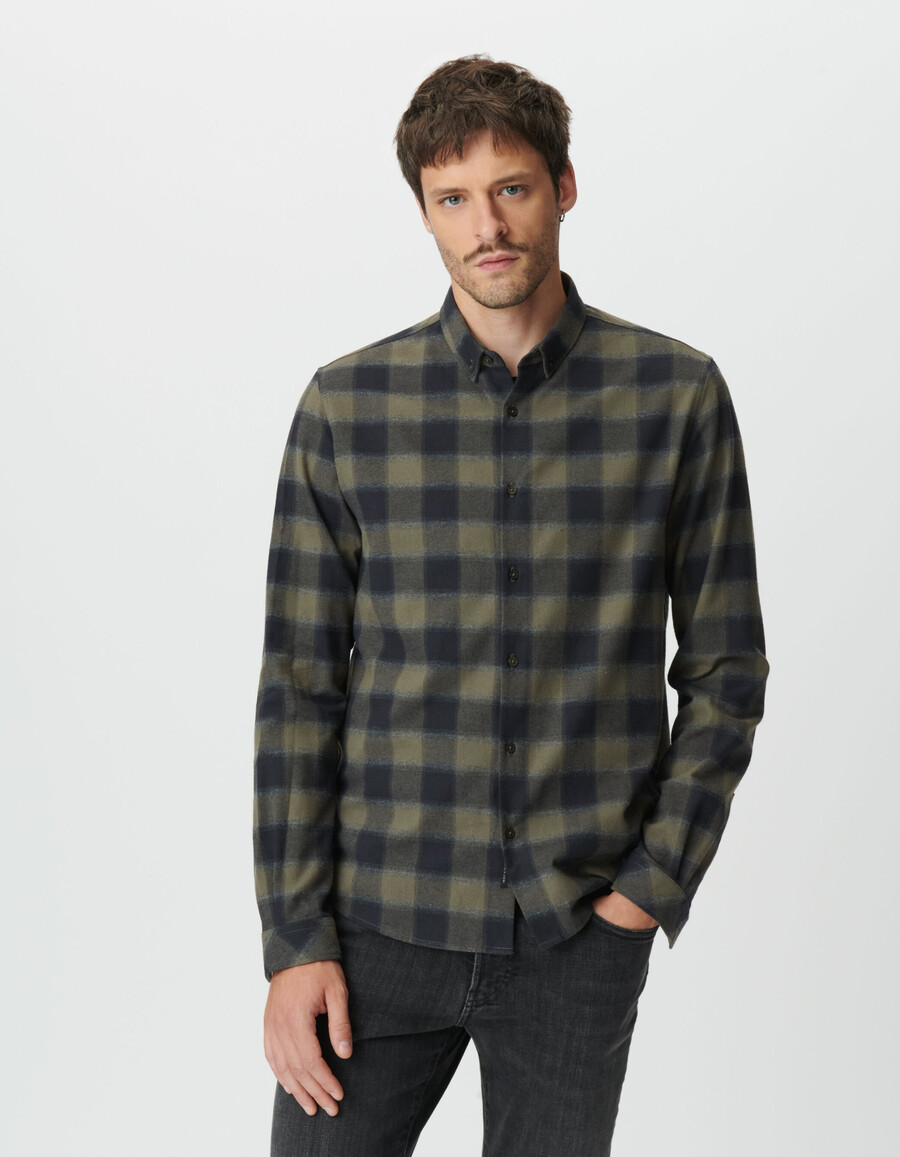camisa ajustada a cuadros caqui y negra para hombre