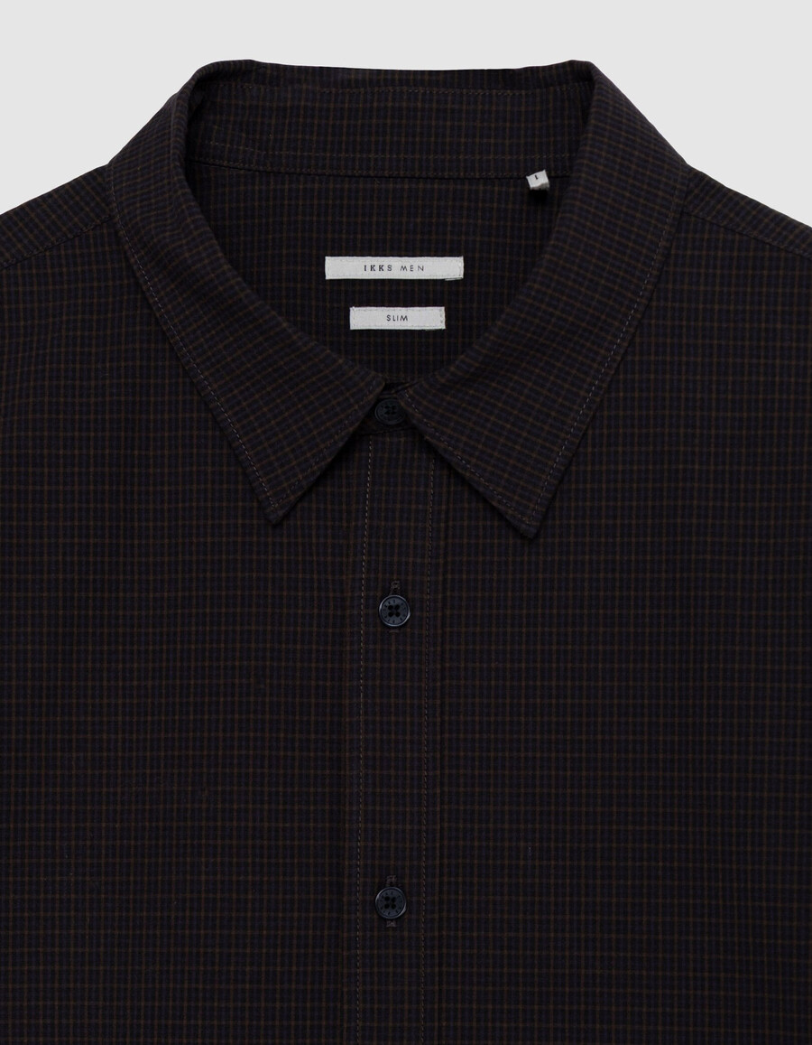 camisa slim azul marino algodón orgánico estampado de cuadros hombre