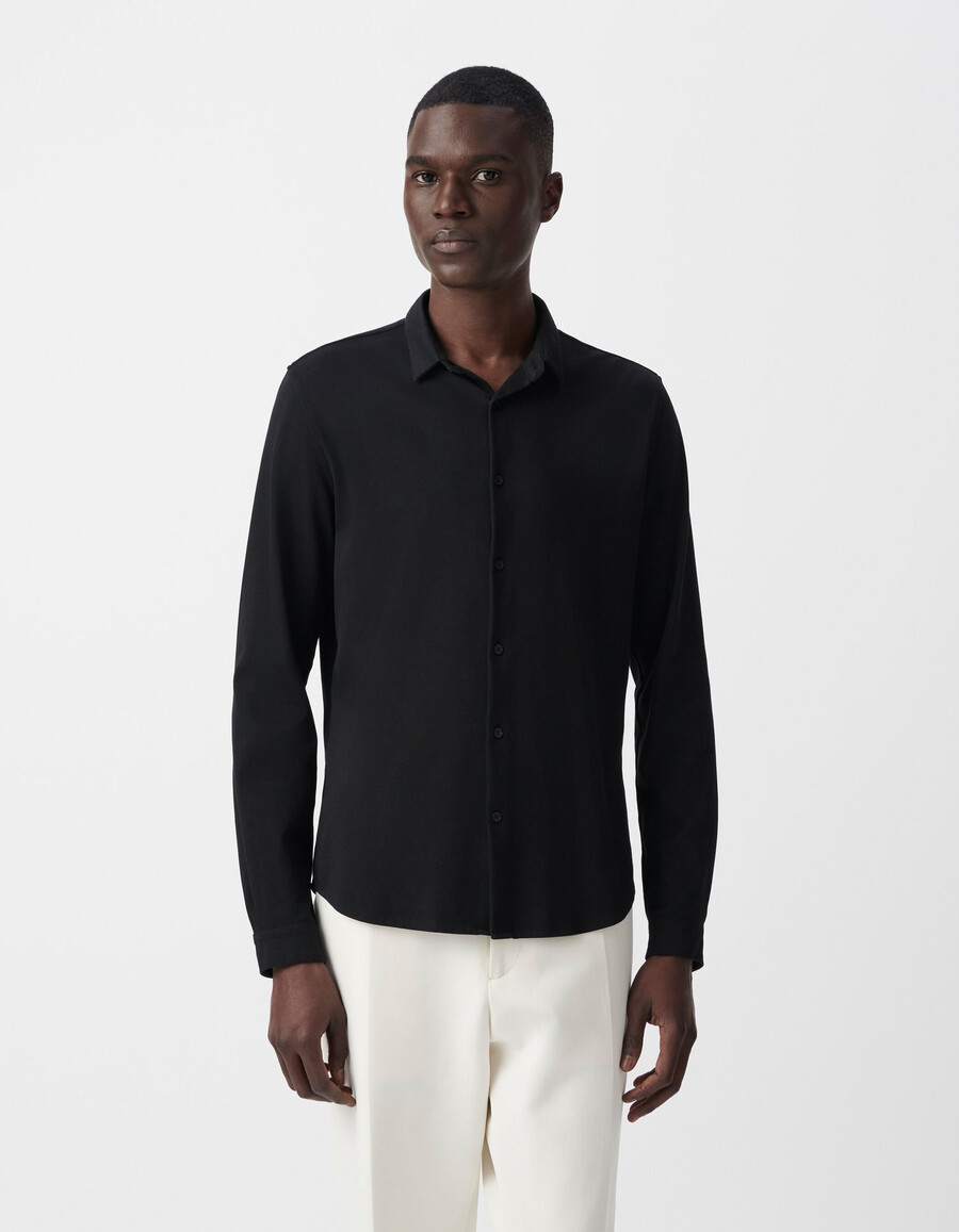 camisa regular de interlock negra para hombre