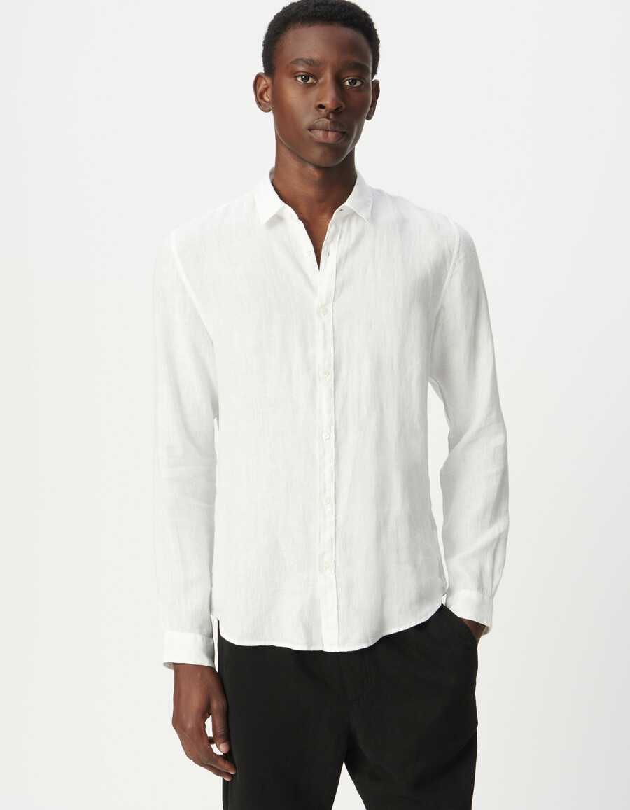 camisa ajustada de lino puro blanca para hombre