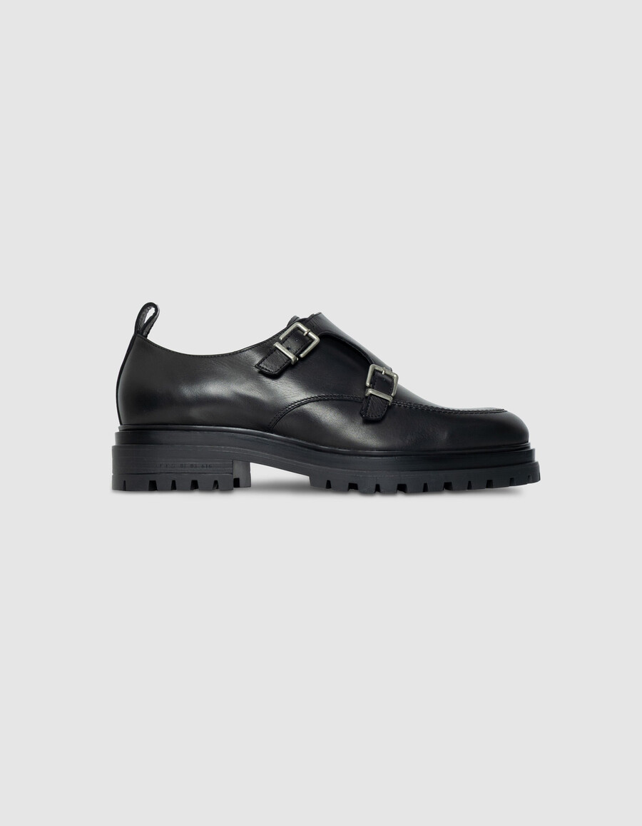 zapatos derby de cuero negro con hebilla para hombre