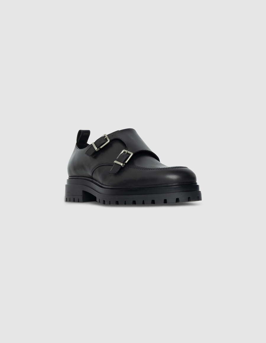 zapatos derby de cuero negro con hebilla para hombre