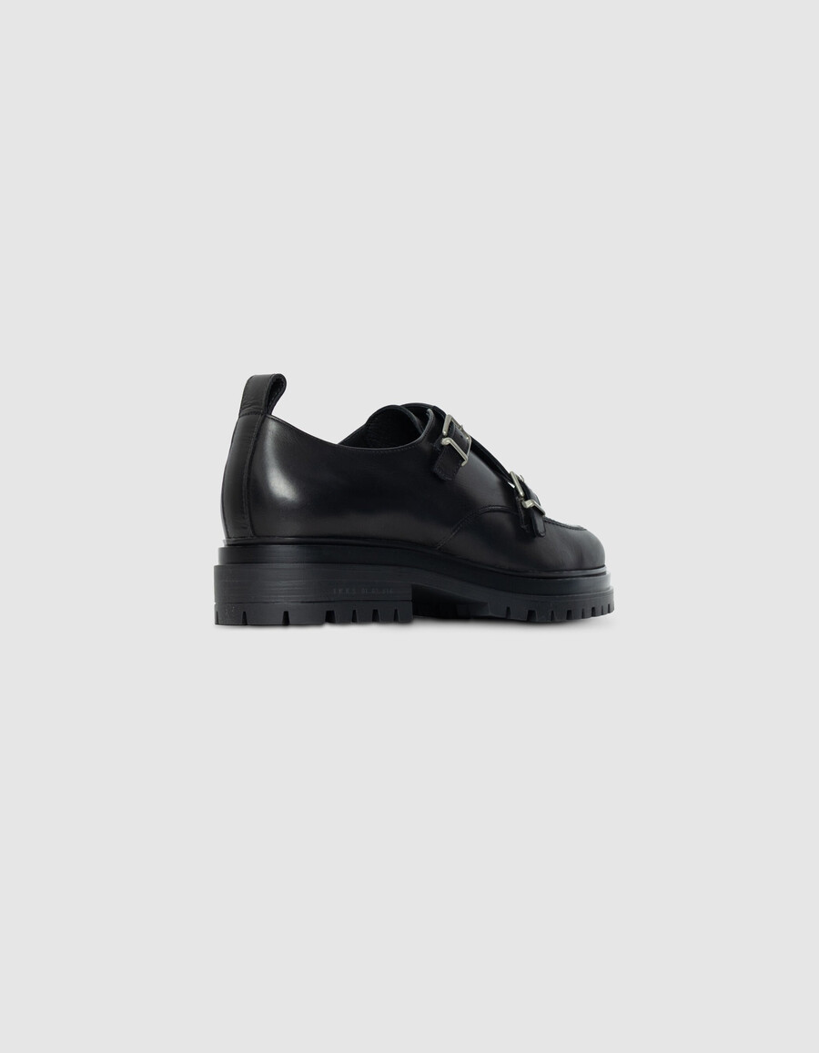 zapatos derby de cuero negro con hebilla para hombre