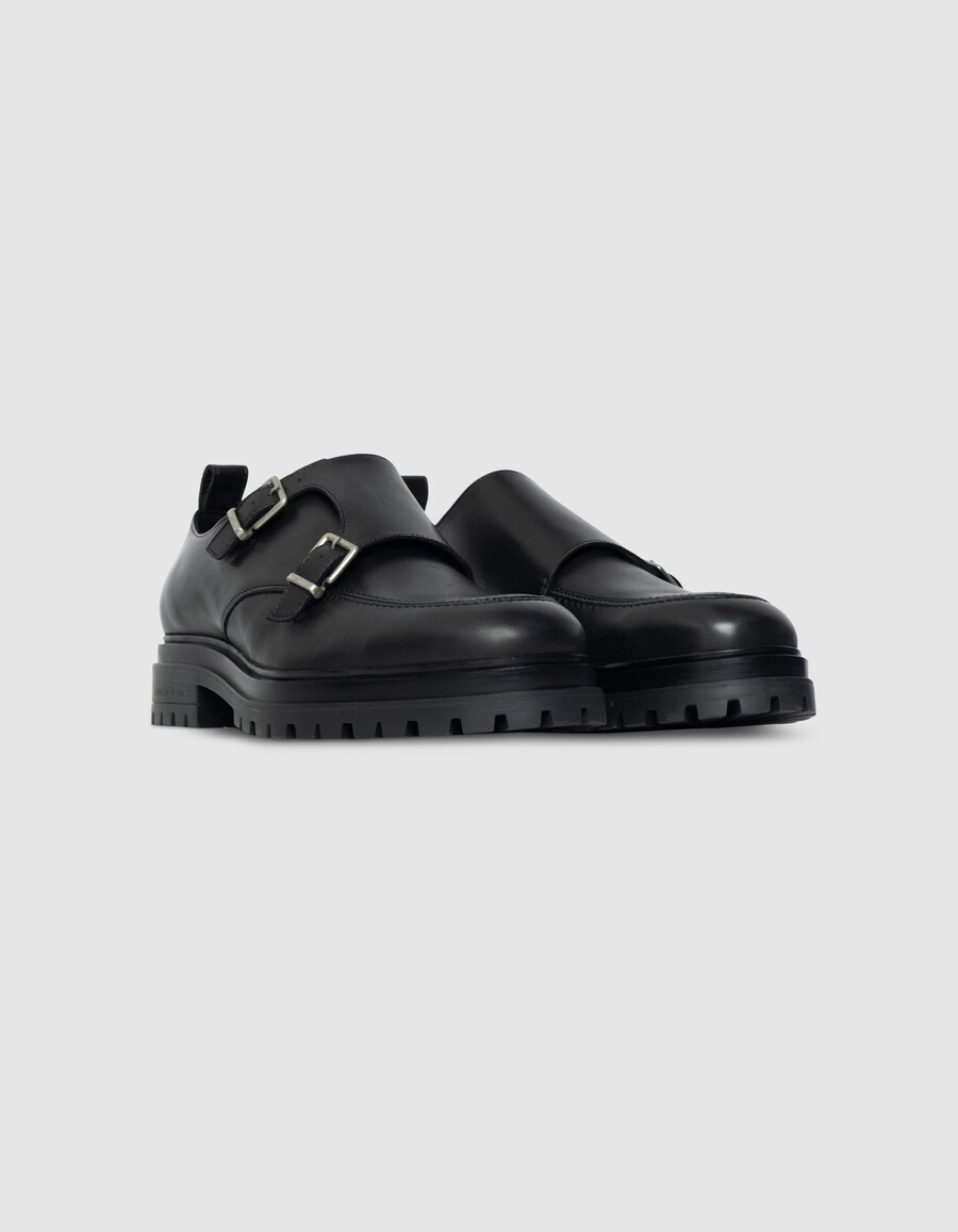 zapatos derby de cuero negro con hebilla para hombre