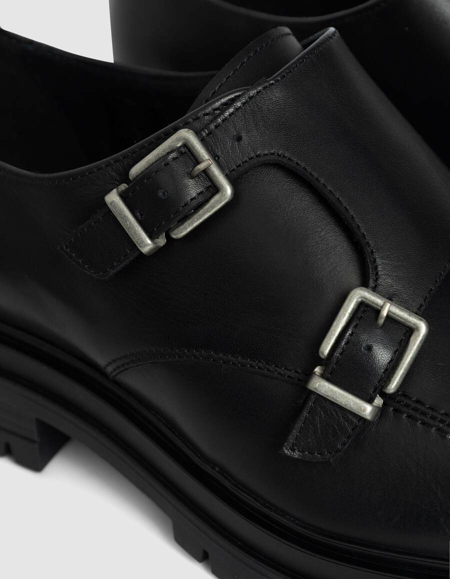 zapatos derby de cuero negro con hebilla para hombre