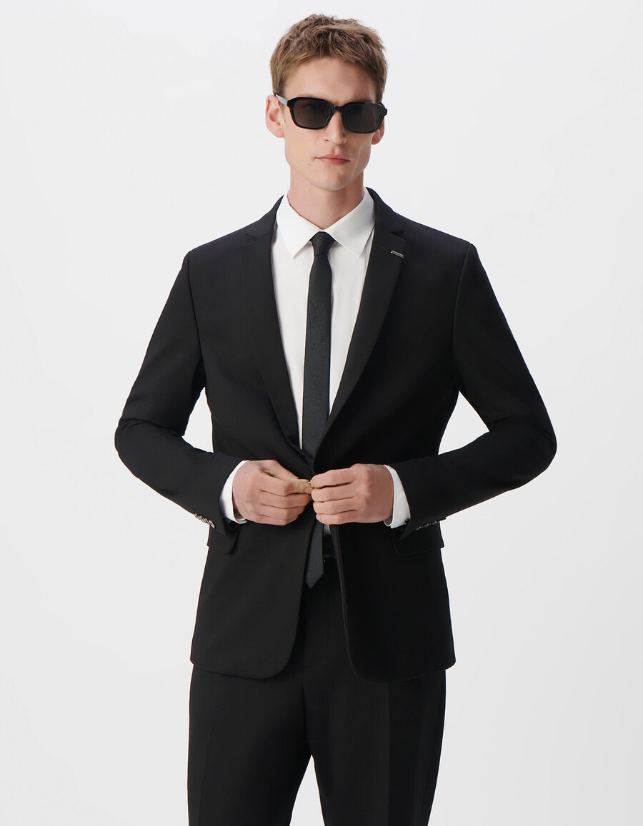 chaqueta de traje ajustada de punto milano negra para hombre