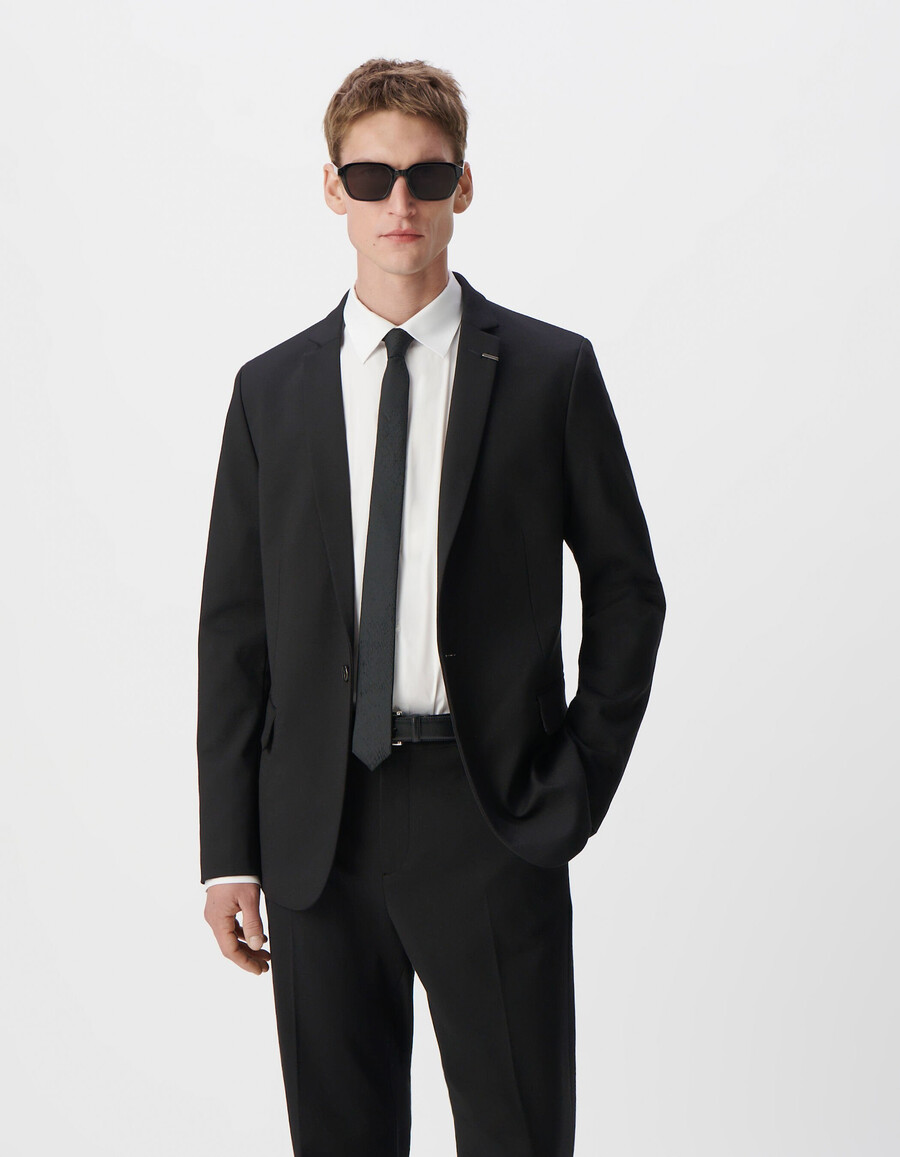 chaqueta de traje ajustada de punto milano negra para hombre