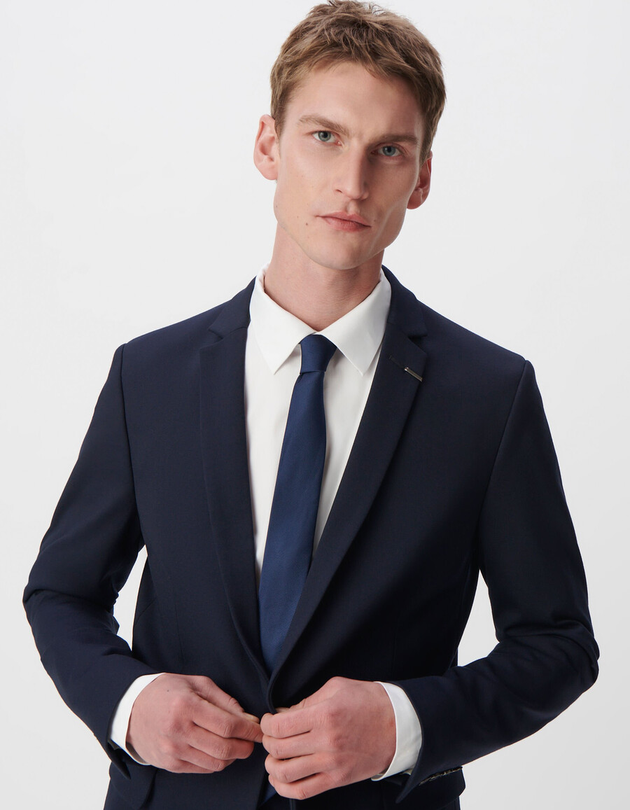chaqueta de traje ajustada de punto milano azul marino para hombre