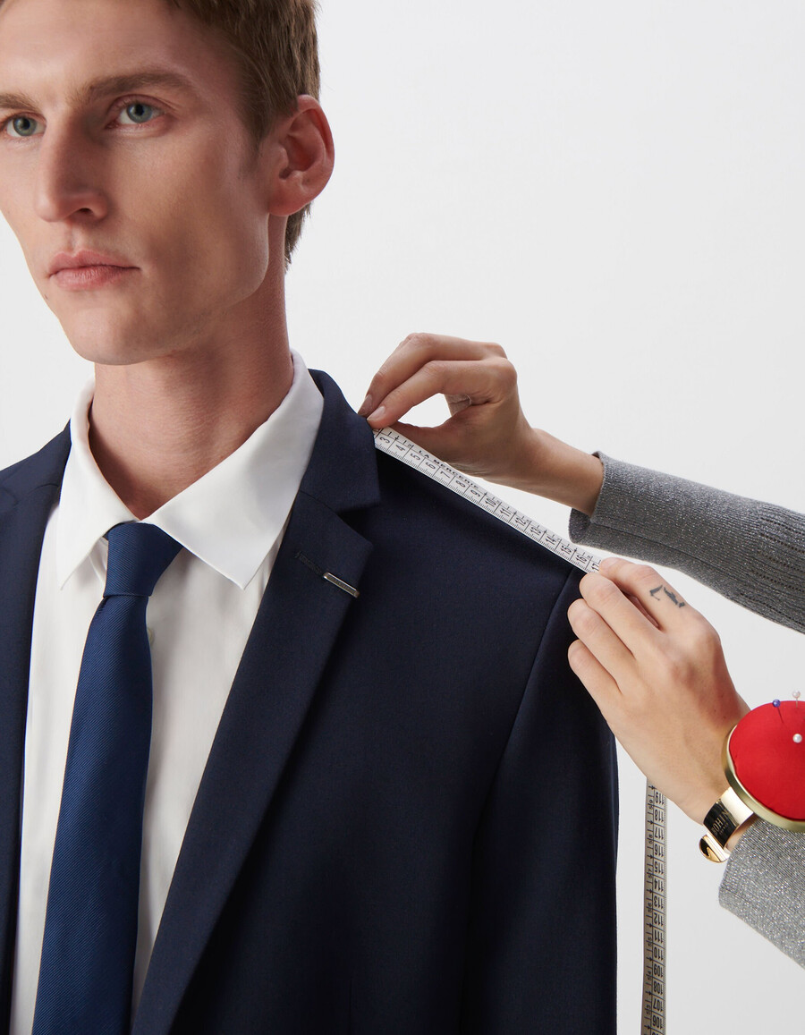 chaqueta de traje ajustada de punto milano azul marino para hombre