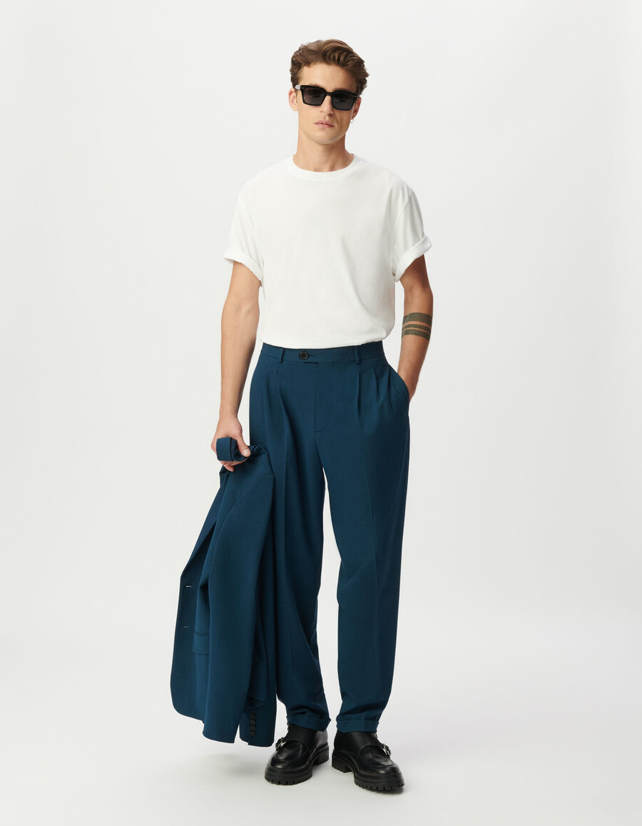 pantalón de traje azul semiliso con pliegues para hombre