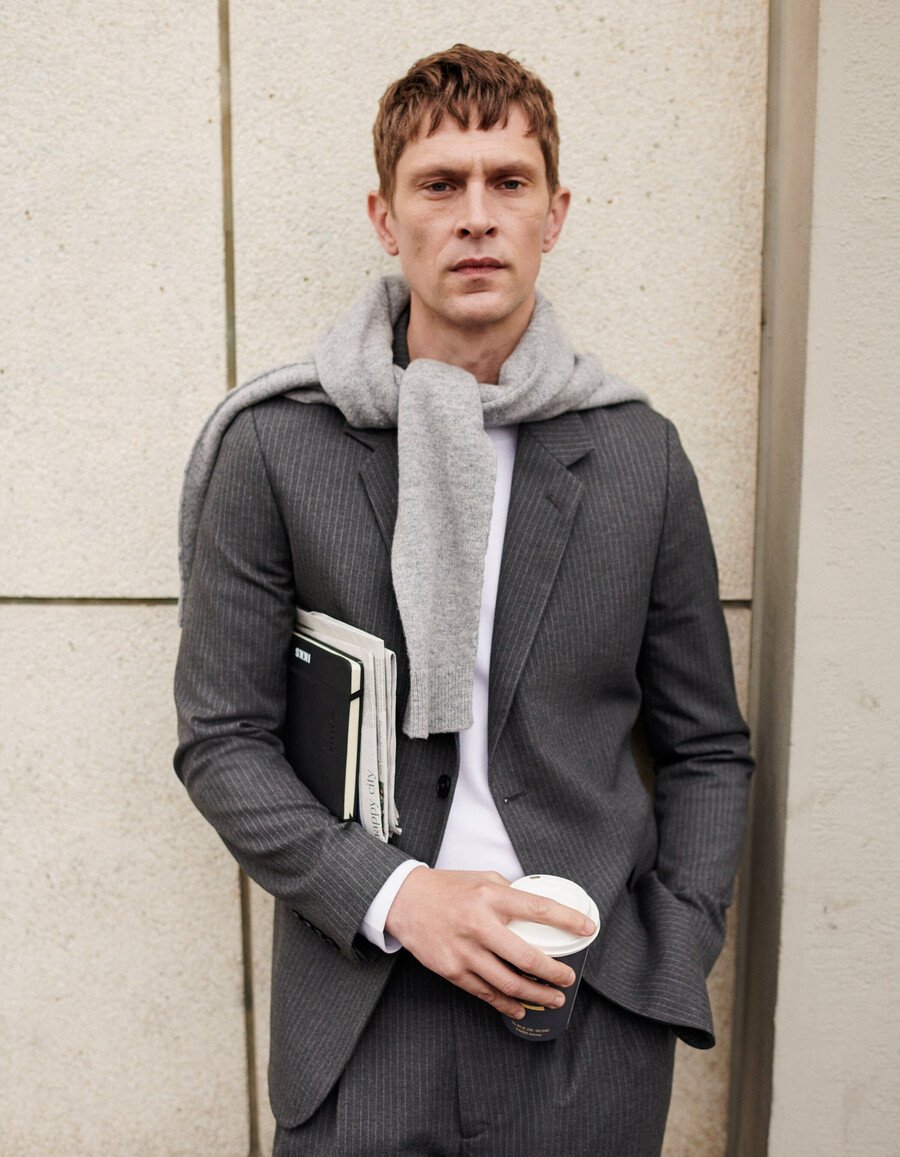 chaqueta de traje de raya diplomática gris para hombre