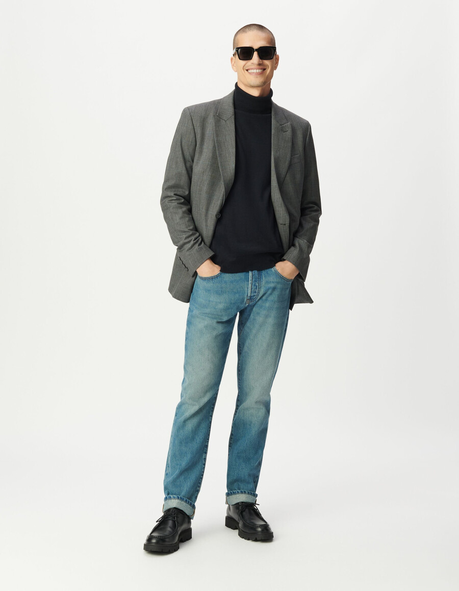 chaqueta de traje a cuadros grises para hombre
