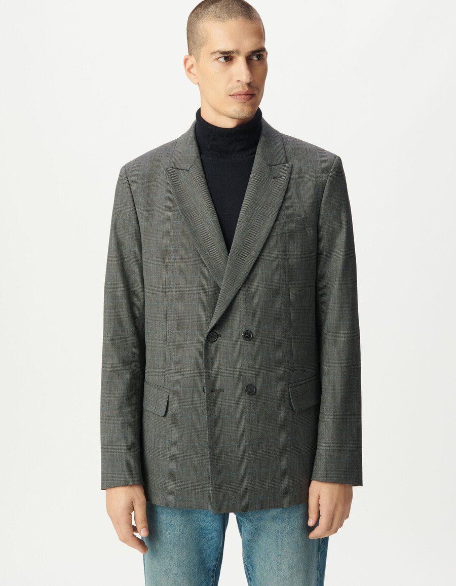 chaqueta de traje a cuadros grises para hombre