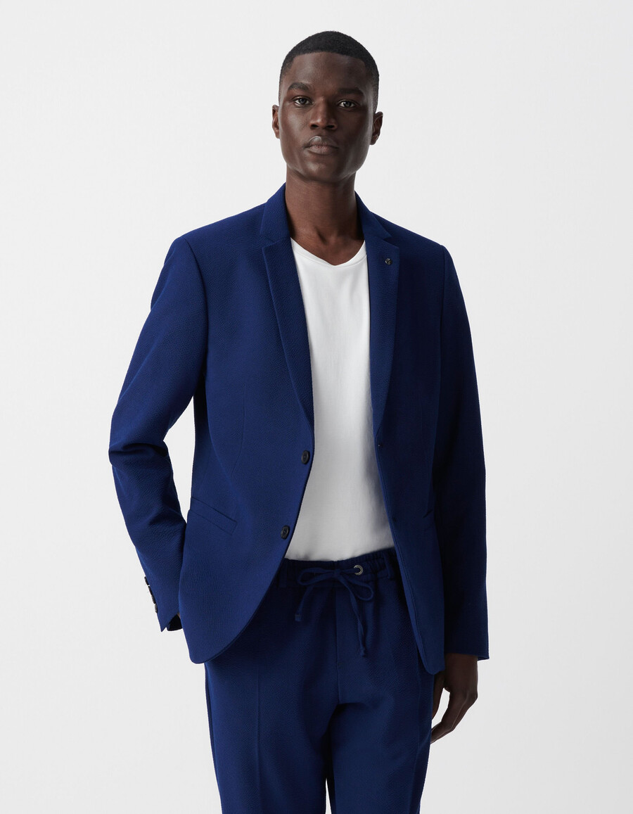 chaqueta de traje de seersucker índigo para hombre