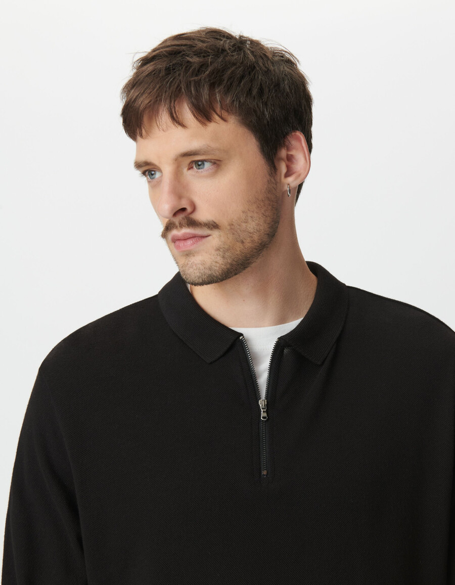 polo de manga larga de punto piqué negro para hombre
