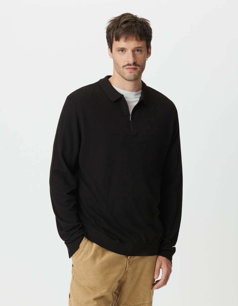 polo de manga larga de punto piqué negro para hombre