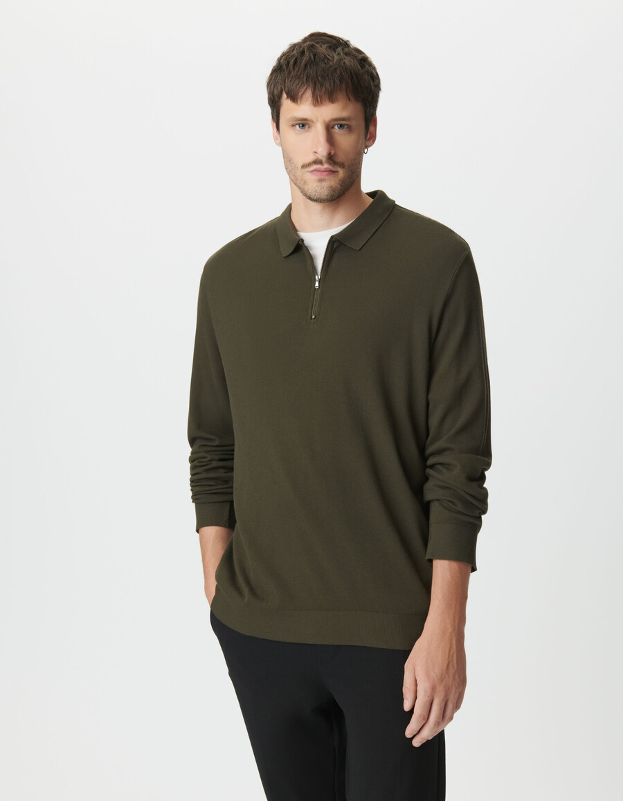 polo de manga larga de punto piqué color caqui para hombre