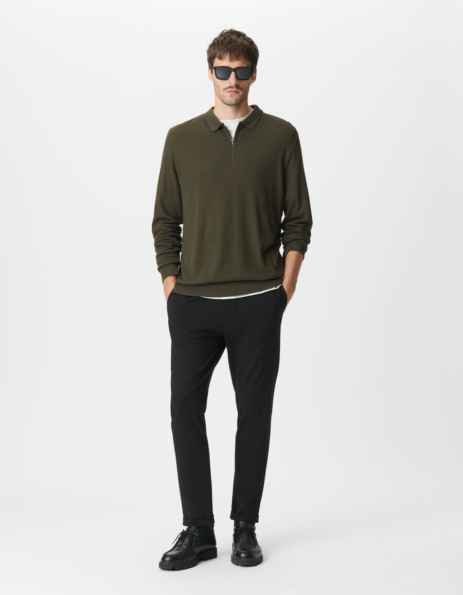 polo de manga larga de punto piqué color caqui para hombre