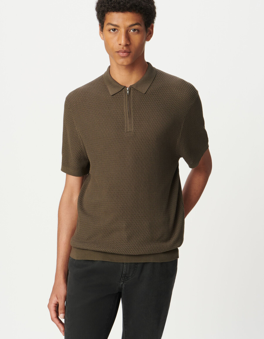 polo de manga corta de punto calado color caqui para hombre
