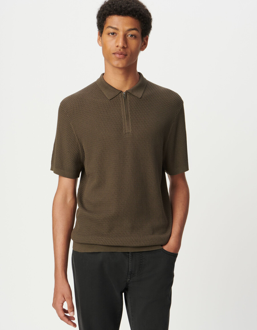 polo de manga corta de punto calado color caqui para hombre