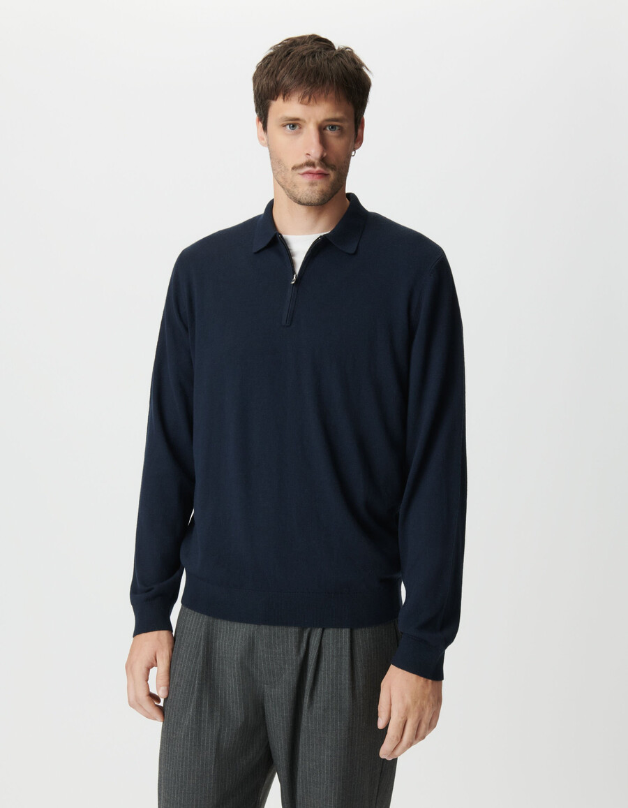 polo azul marino de manga larga con cremallera para hombre