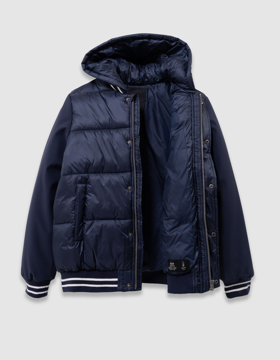 chaqueta acolchada con capucha de tejido mixto azul marino para niño