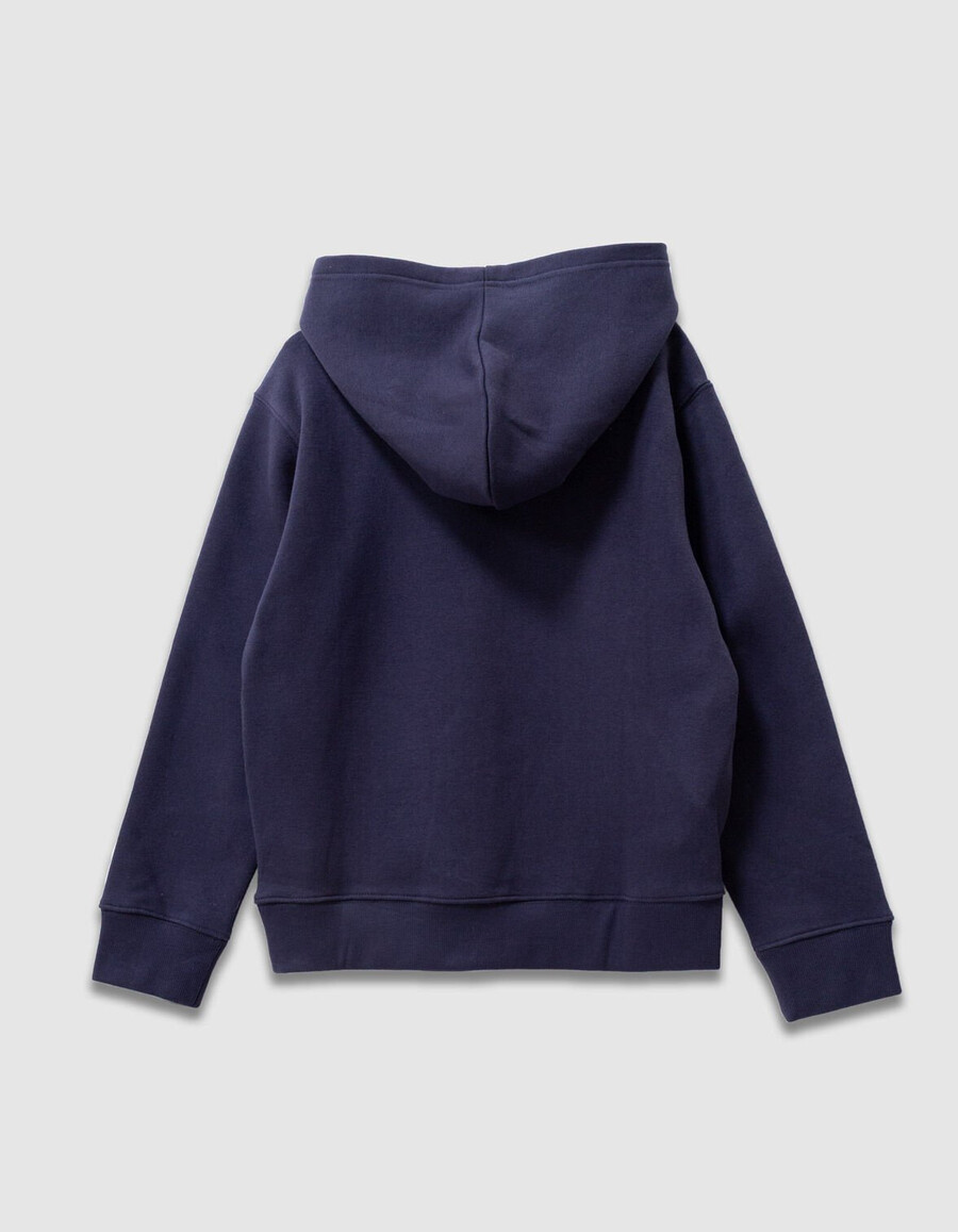 sudadera con capucha azul marino para niño con eslogan de terciopelo flocado