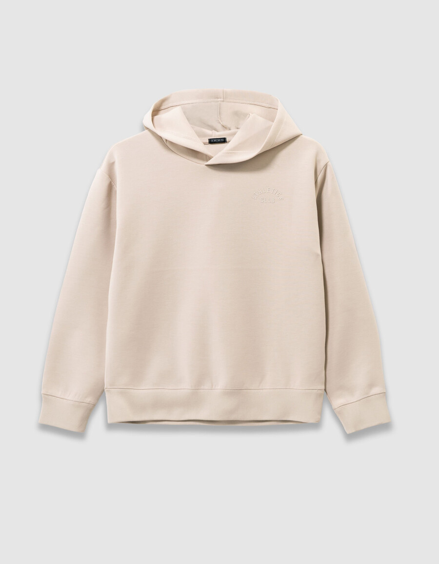 sudadera beige para niño con eslogan en relieve en la espalda