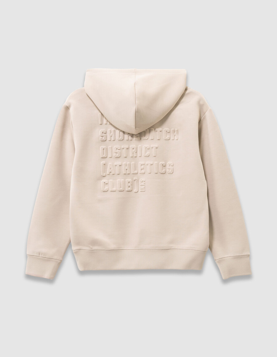 sudadera beige para niño con eslogan en relieve en la espalda