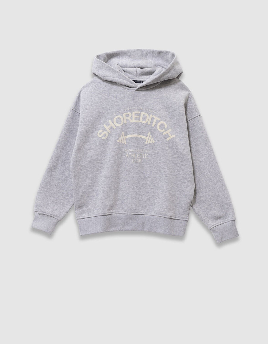 sudadera gris con capucha para niño con eslogan de terciopelo flocado
