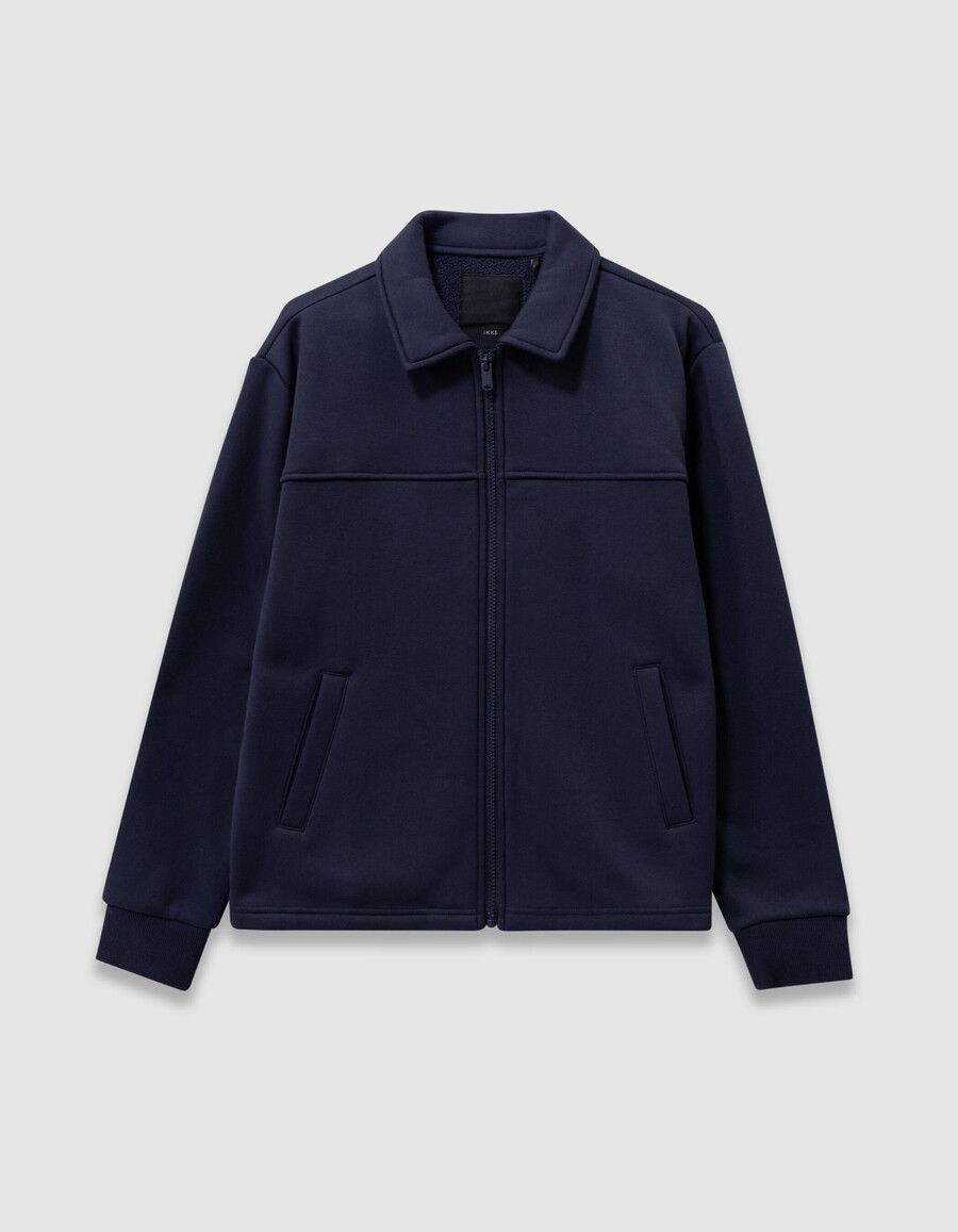 cárdigan azul marino con cremallera y cuello camisero para niño
