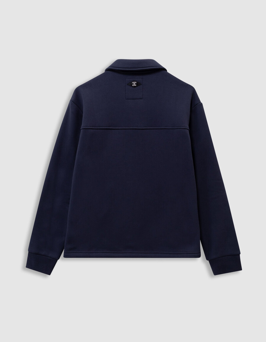 cárdigan azul marino con cremallera y cuello camisero para niño