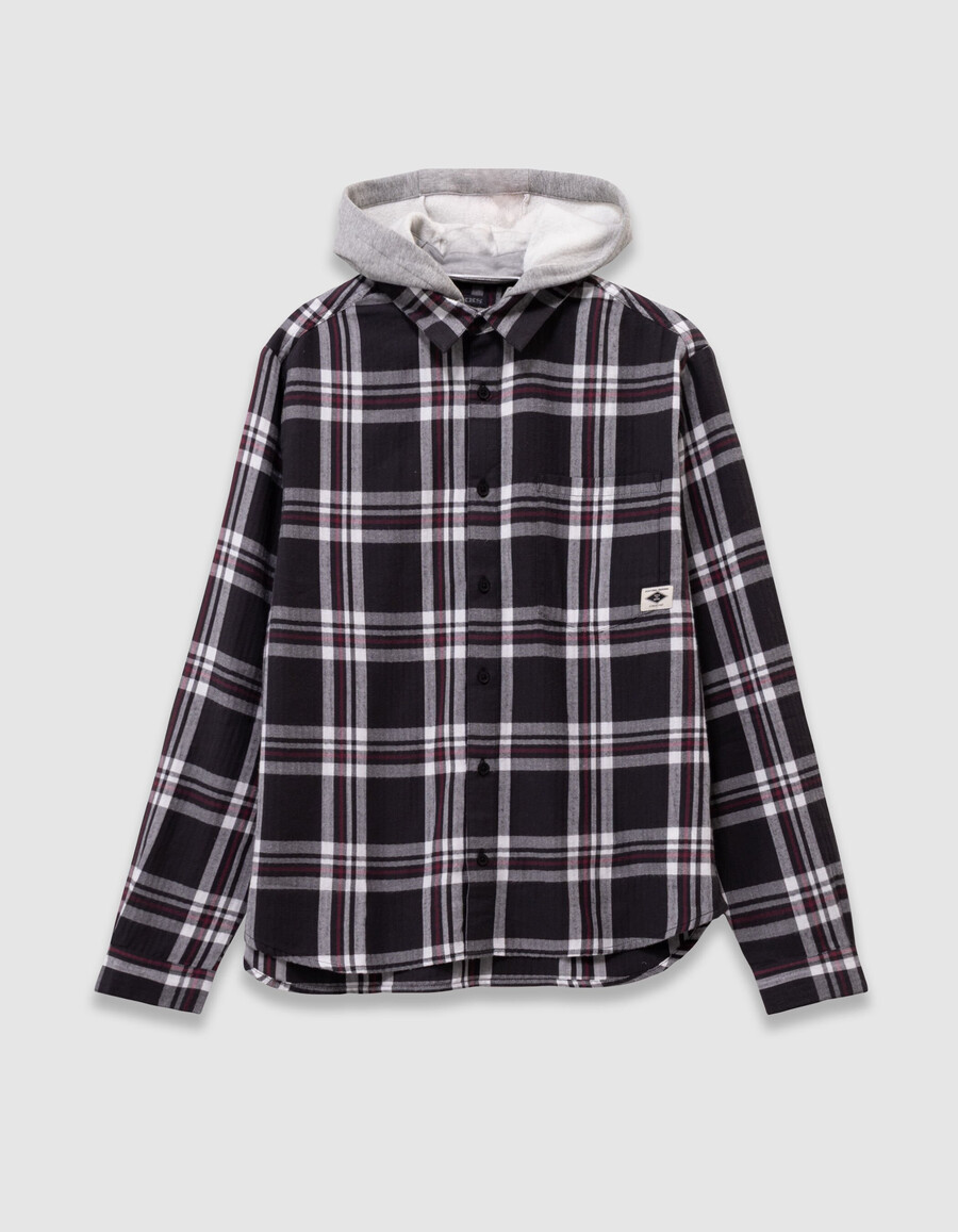 camisa de cuadros grises para niño con capucha desmontable