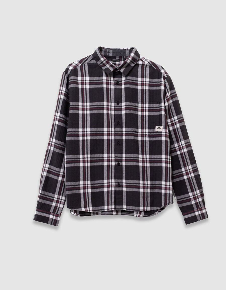 camisa de cuadros grises para niño con capucha desmontable