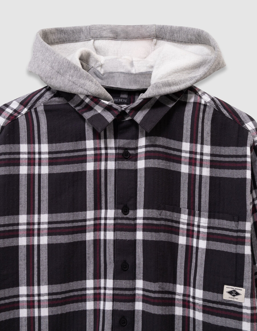 camisa de cuadros grises para niño con capucha desmontable