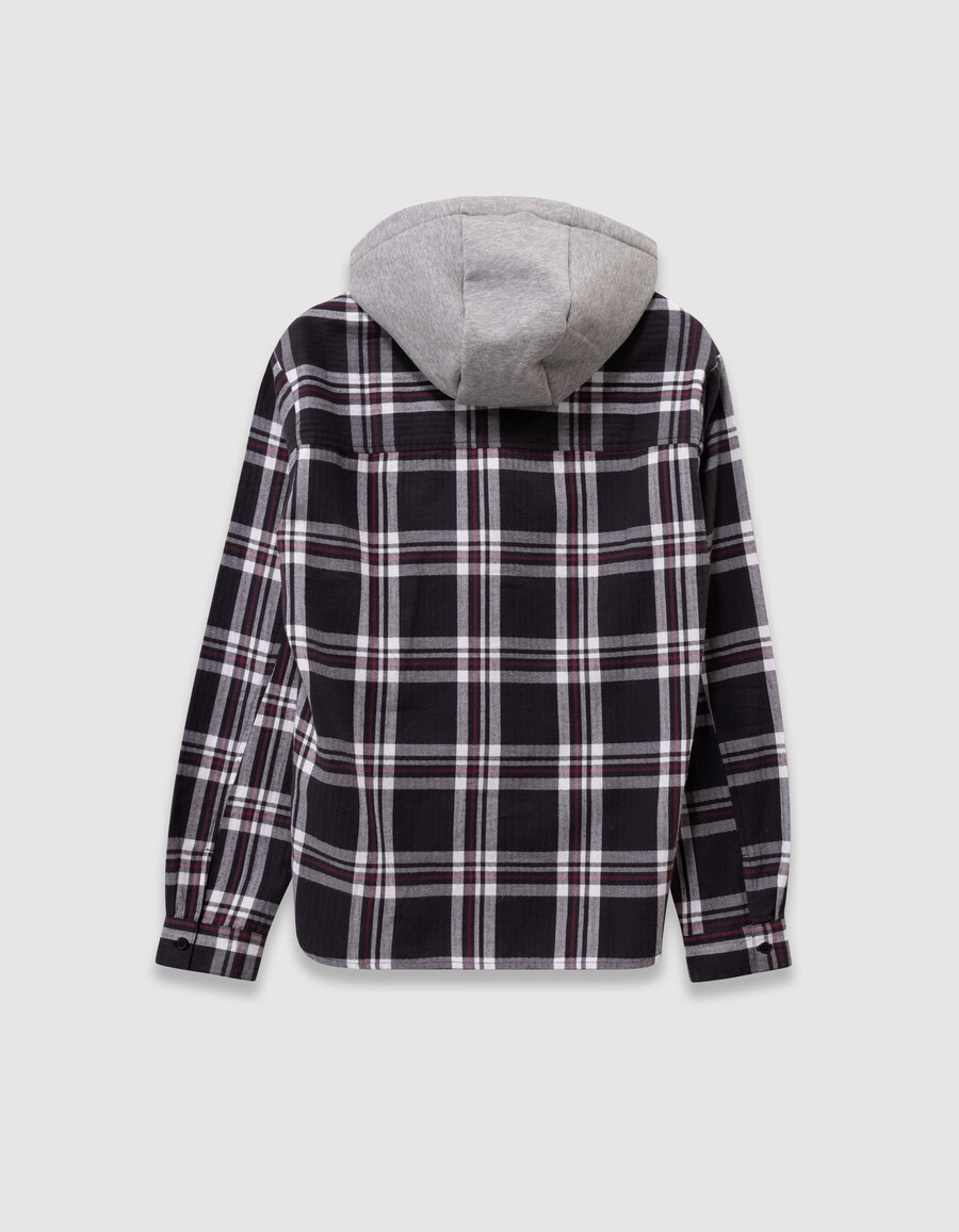 camisa de cuadros grises para niño con capucha desmontable