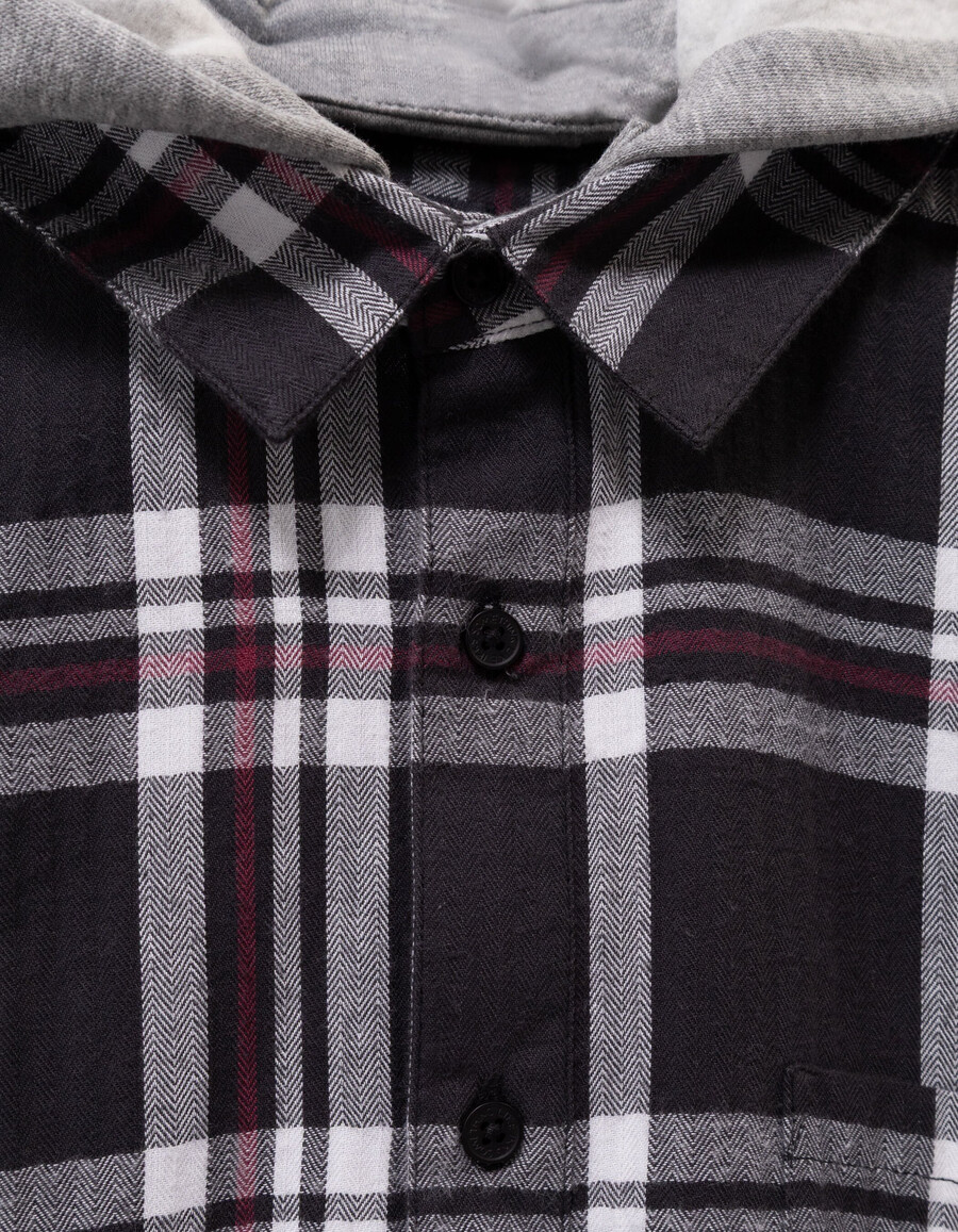 camisa de cuadros grises para niño con capucha desmontable
