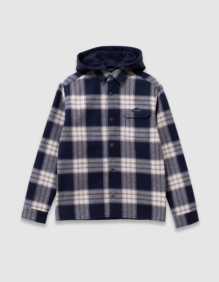 camisa de cuadros azul marino para niño con capucha desmontable