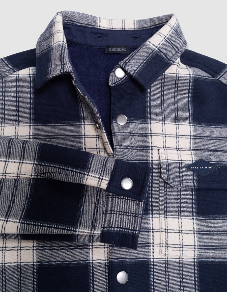 camisa de cuadros azul marino para niño con capucha desmontable